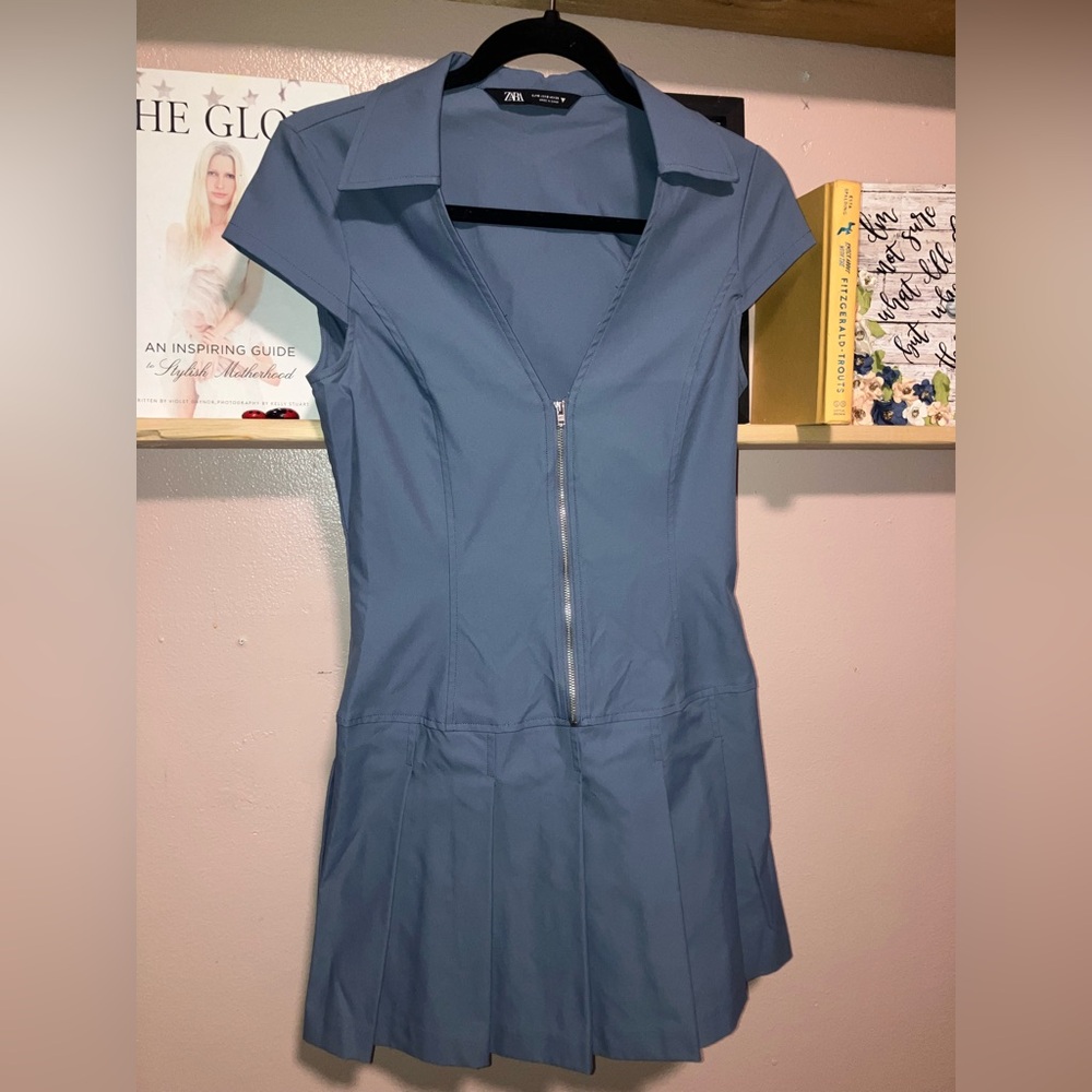 ✨ Zara Blue Sheath Mini Dress with Notched Collar